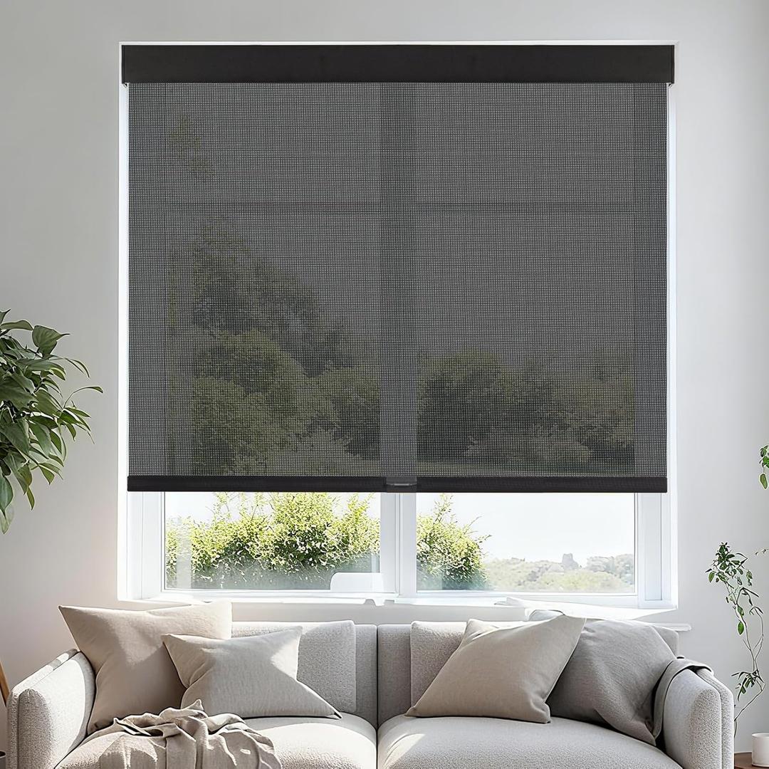 Persilux Free-Stop Cordless Roller Shades for Windows Light Filtering Shades, 5% Openness Solar Screen Semi Sheer Roller Blinds UV Protection for Office and Home. Easy to Install 34.5"W x 72"H, Black