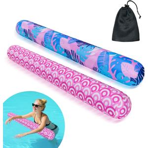 Inflatable Swimming Pool Noodle, 2 Pack Soft Fabric Quick Drying Covered Large Pool Floats Noodles, Premium Buoyancy Swim PoolFloats with Portable Storage Bag for Pool Party Toy (D-Pink Combination)
