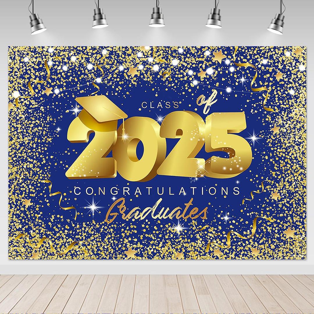 Mocsicka Class of 2025 Backdrop 7x5ft Graduation Royal Blue and Gold Congrats Grad Party Photo Backdrops Graduate Party Decorations Photography Studio Background