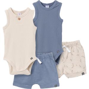 Modern Moments by Gerber Baby Boys' Ribbed 4-piece Sleevless Bodysuit & French Terry Short Set (12 Months, Tan/ Blue)