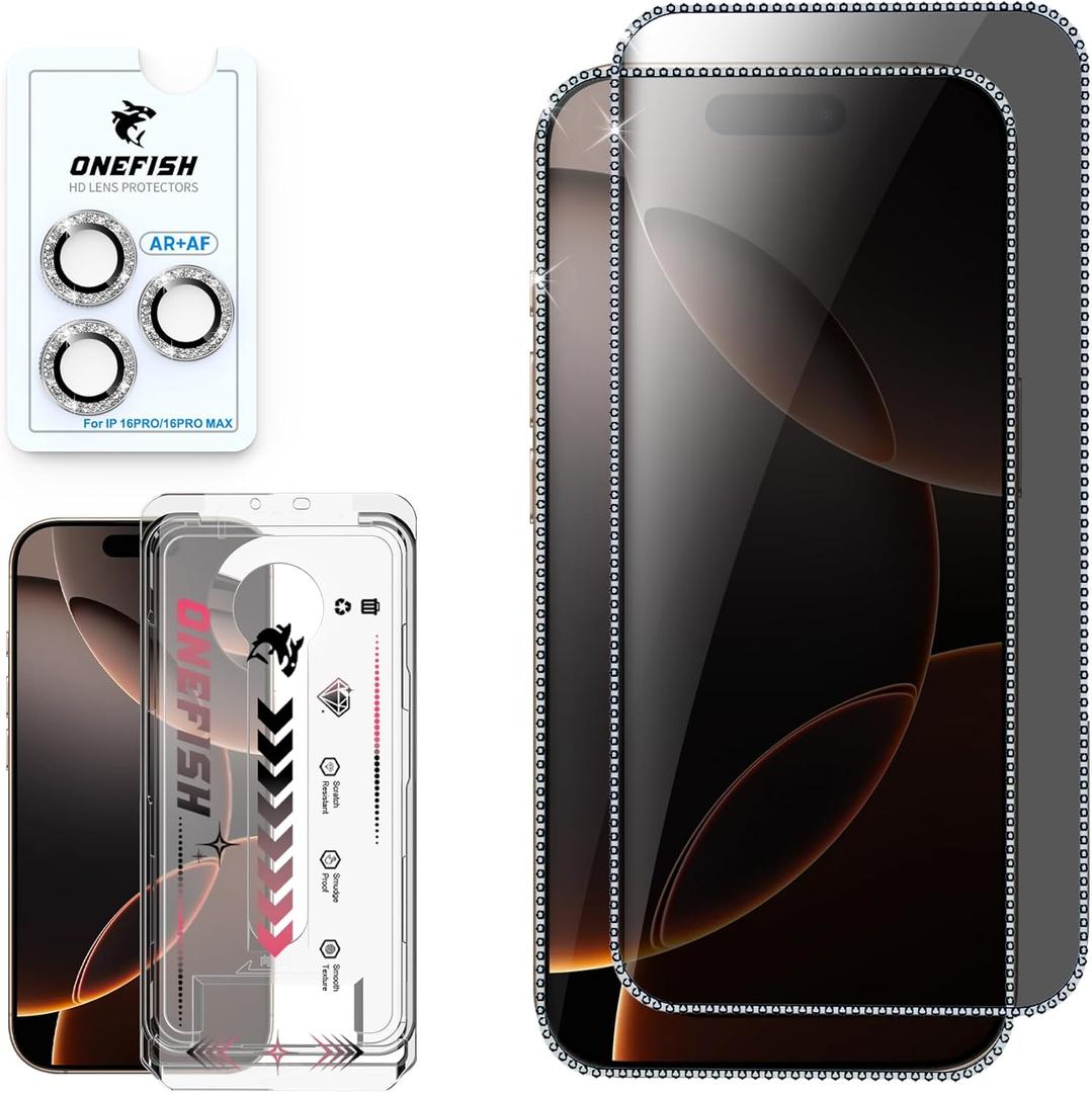 OneFish Women Fashion Privacy Screen Protector for iPhone 16 Pro [6.3 inch]+ Camera Lens Protector, Sparkling Diamond Bling Edge 9H Tempered High-Definition Glass