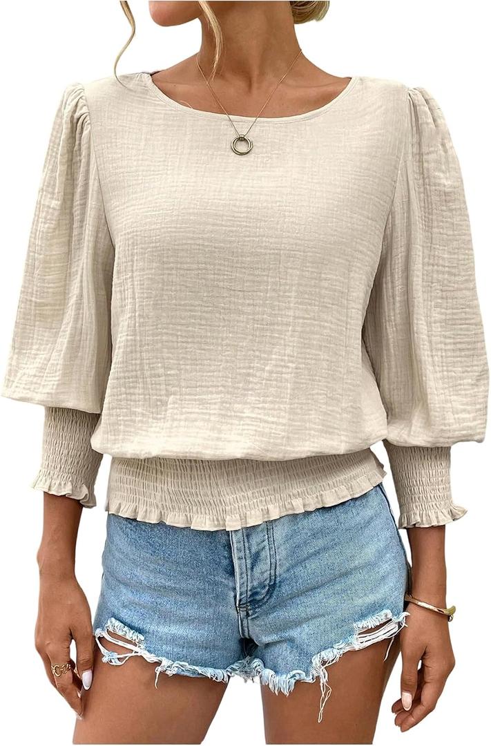 SOLY HUX Women's Casual Blouse Crew Neck Lantern 3/4 Sleeve Shirred Dressy Shirt Tops (S)