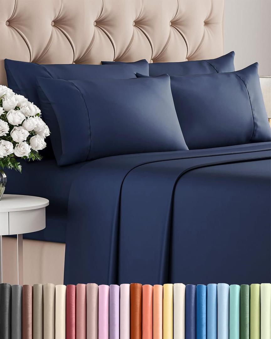 Cal King 6 Piece Sheet Set - Comfy, Breathable & Cooling - Soft Hotel Luxury Bedding for Women, Men, Kids, Teens and Children - 1 Flat & 1 Fitted Sheet & 4 Pillowcases with Deep Pockets - Navy Blue