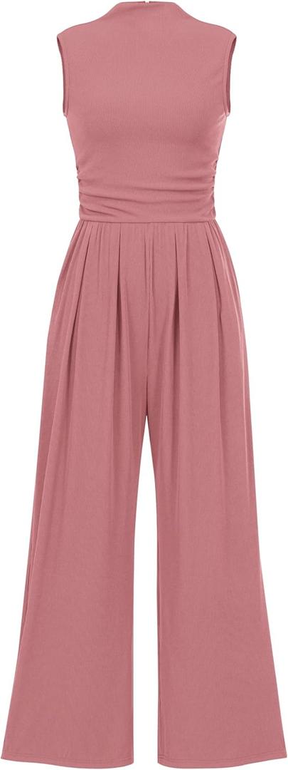 PRETTYGARDEN Womens Summer Jumpsuits Dressy Casual One Piece Outfits Sleeveless Mock Neck Wide Leg Pants Rompers with Pockets (Pink, S)