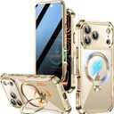 [360 Rotatable CD Stand & Built-in Privacy Screen Magnetic Case for iPhone 17 Pro [Compatible with MagSafe & Full Signal] Mil-Grade Shockproof Full Body Anti-Spy Cover for 17 Pro-Gold