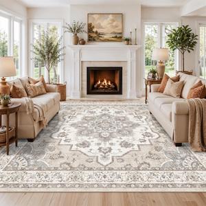 11x11 Living Room Square Rug: Washable Non Slip Stain Resistant Area Rug for Dining Room Bedroom Office High Traffic Area Soft Low Pile Carpet Vintage Distressed Farmhouse Floor Mat (11x11,Beige)