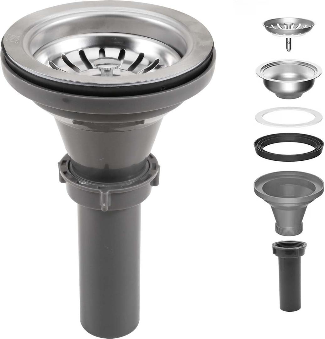 3-1/2'' Kitchen Sink Drain Kit Sink Drain Basket Sink Drain Assembly 304 Stainless Steel Sink Strainer Basket Stopper for Home Standard Kitchen Sinks Tailpiece Included