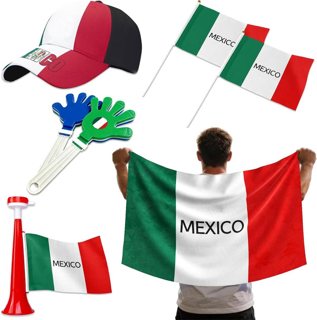 7Pcs Soccer Cup Fan Set, Soccer Theme Accessories Kit with Flags, Clappers, Shawl, Cap and Horn, Gifts for Football Lovers and Mexico Supporters