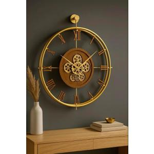 Large Moving Gear Wall Clock Luxury Metal Ring Roman Numeral Silent Decorative Clock for Living Room Bedroom Office, Modern Industrial Open Face Design (Gold- Wood)