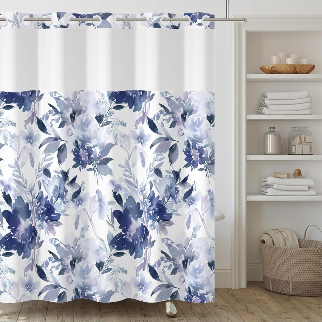 No Hook Shower Curtain,Blue Purple Flower Double-Layered Shower Curtain with Snap-in Liner and Weights,Blue Purple Floral Blooming Fabric Bath Curtain with See Through Mesh, 71x74in