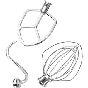 Stainless Steel 3 Piece kit Attachments for KitchenAid Stand Mixer and 5.5-6 Quart Bowl, Dishwasher Safe (5.5-6QT Flat Beater, 6QT Dough Hook, KN256 6-Wire Whip Attachment)