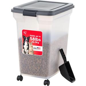 IRIS USA Dog Food Storage Container 58 lbs, Attachable Wheels, & Included Scoop, for Dog Cat Birds and other Pets, Food Storage Bin, Keep Fresh, Easy Mobility, BPA Free - Made in the USA, Dark Gray