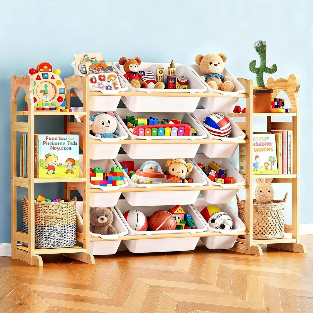 Toy Storage Organizer with 6 Shelves and 12 Bins, Toy Organizers and Storage Shelf with Bookshelf and Bookcase, Toys Box for Kids Room & Playroom & Bedroom & Nursery, 53.9"x31.5"x11"