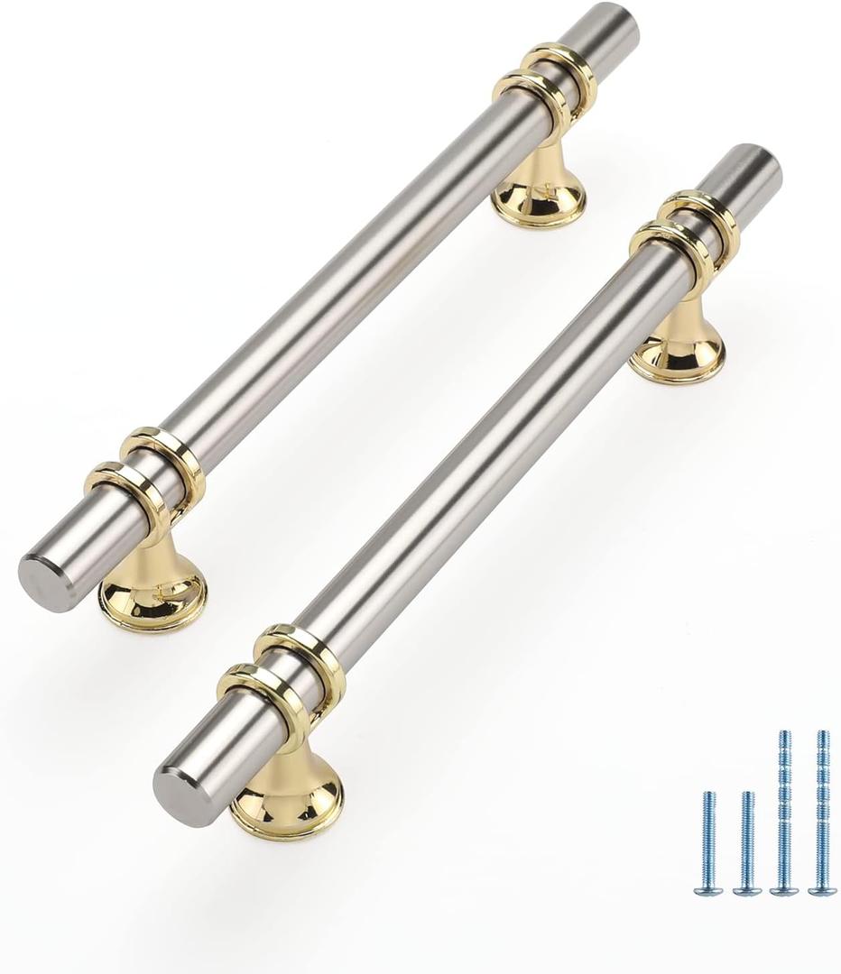 Rergy Cabinet Handles Drawer Pulls and Knobs, 10Pack Brushed Nickel and Gold 5inch Hole Center, Kitchen Hardware for Dresser Handle Zinc Alloy Furniture Pull