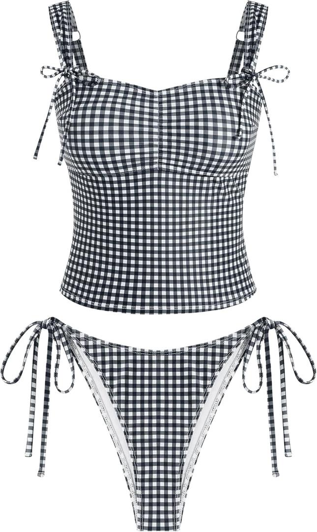 ZAFUL Women's Gingham Ruched Bowknot Decor Cinched Back Tankini Set Tummy Control 2 Piece Bikini Swimsuits (Medium, 1-black)