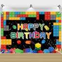 7x5ft Building Block Birthday Backdrop, Happy Birthday Decoration Background, Cute Brick Theme Party Supplies Outdoor Indoor Photo Banner