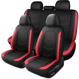 HChengkikz Car Seat Covers Full Set,Leather Seat Covers,Breathable and Sporty Car Seat Cover,Universal Fit Anti-Slip Seat Covers for SUV Cars Sedan and Truck(Full Seat,Black+Red,N2)