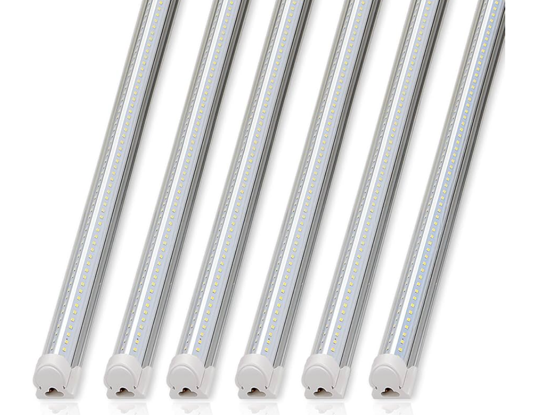 Barrina 8FT LED Shop Lights Fixture, T8 72W 10000lm 5000K, Daylight White, Clear Cover, V Shape,Tube Light, Hight Output, Bulbs for Garage, Warehouse, Plug and Play, 6 Packs