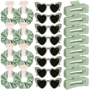 DEEKA 24 Pcs Bachelorette Party Favors Decorations Bridesmaid Proposal Gifts Heart Sunglasses Hair Claw Clips Satin Scrunchies Accessories Set Bridal Wedding Party Gifts (Sage Green)
