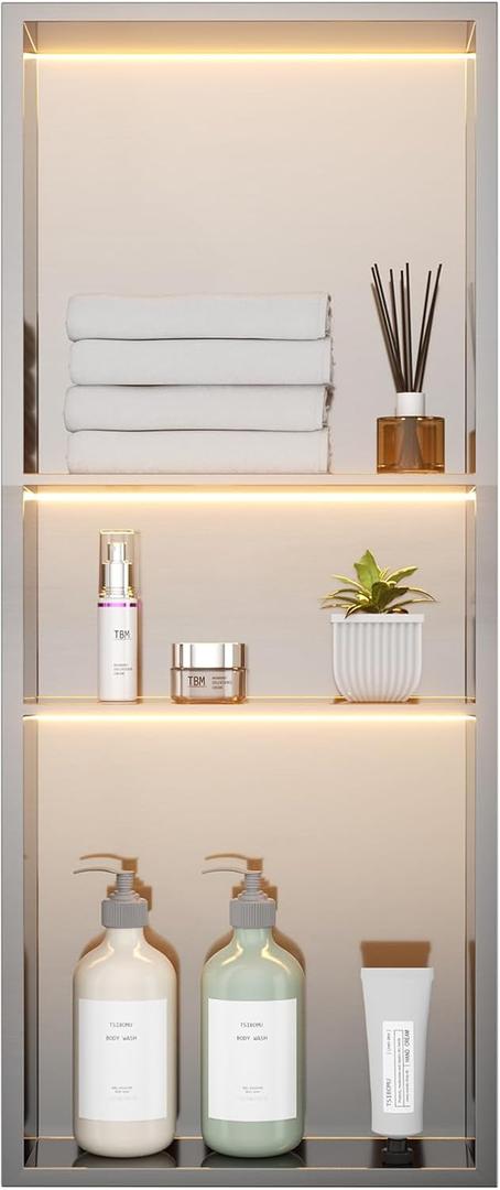 Stainless Steel LED Lights Shower Niche 12" x 30" – Recessed Wall Niche with 3-Tier Storage, Waterproof & Rustproof Modern Bathroom Shower Shelf (Brushed), W12" x H30"