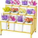 Putros Flower Display Stand with 12 Buckets Gold 3 Layers Metal Floral Cart with Wheels Moving Florist Bouquet Bar Plant Shelf for Indoor Outdoor Patio Garden Party Decor