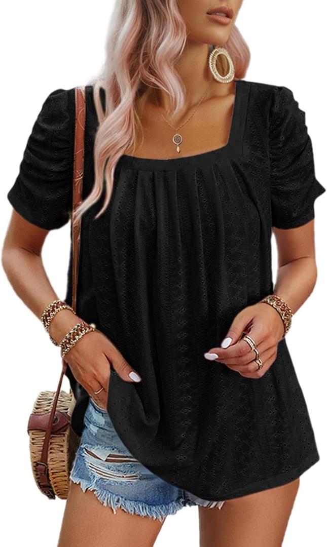 Dokotoo Women's Hollow Pleated Short Sleeves Square Neck Casual Loose Solid Color Knit T Shirts Tops Blouses (M)