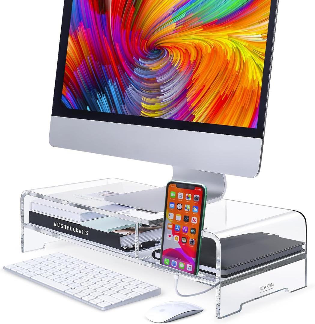BEYGORM Acrylic Monitor Stand Riser, Wide 20" for Full Keyboard, 2 Tier Computer Stand with Storage, Desk Organizer Desktop Printer Stand Laptop Storage Shelf Screen Holder with Phone Holder(Clear)