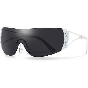 Y2K Glasses 2000s Cool Rimless Sunglasses for Women Men Trendy Shield Wrap Around