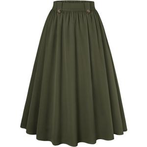 Belle Poque Women's Midi Skirt with Pockets Vintage A Line High Waisted Flowy Pleated Swing Skirts for Office (Green, XXL)