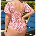 Floerns Women's Plus Size Floral One Piece Swimsuit Square Neck Ruffle Sleeve Bathing Suit (3X-Large Plus, Red Multi)