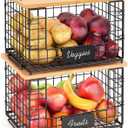 keomaisyto 2 Set XL Stackable Wire Baskets with Bamboo Top- Pantry Organizers and Storage, Kitchen Organization Counter Storage Bins for Potato/Onion/Fruit/Vegetable/Produce, Under Sink Organizing