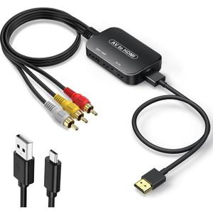 RCA to HDMI Adapter, AV to HDMI 3RCA CVBs Composite Video Audio Converter Adapter for TV Stick/Roku/Apple TV/PC/Laptop/Xbox/HDTV/DVD (with hdmi Cable & USB Cable) (Black-male)