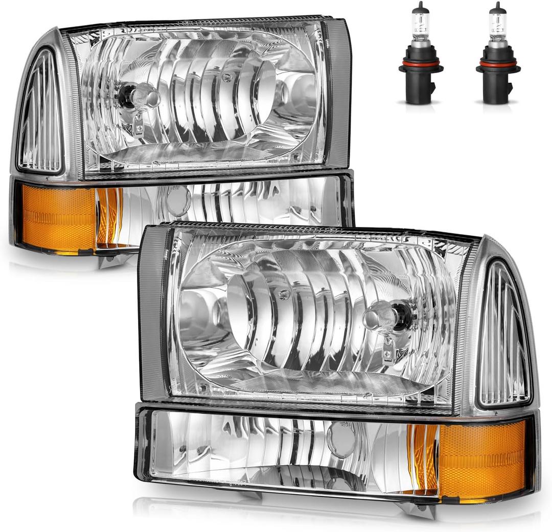 Headlights W/Bulbs for 1999-2004 Ford F250 F350 F450 F550/2000-2004 Ford Excursion Super Duty with Bumper Signal Corner Light Pair Set (OE Replacement)