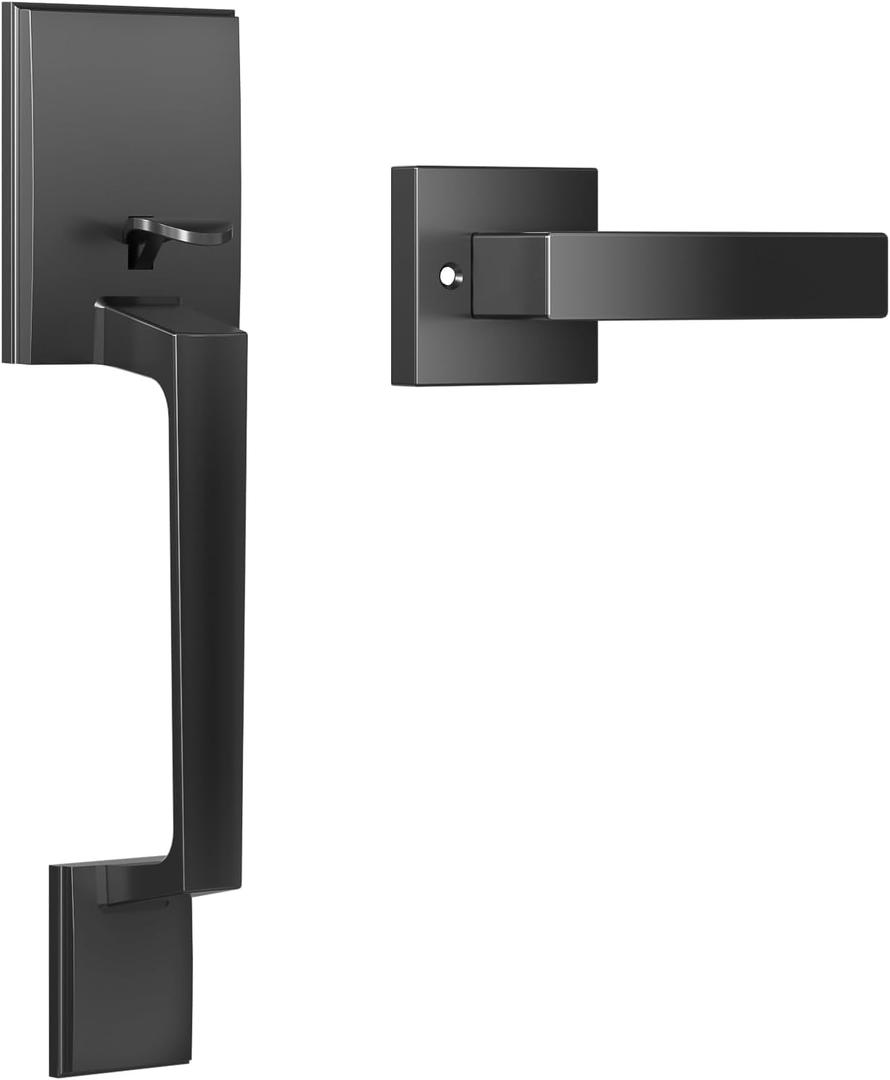 Front Door Handle, Exterior Door Handle with Passage Lever, Modern Front Entry Handle, Reversible for Left & Right Hand Door, Matte Black