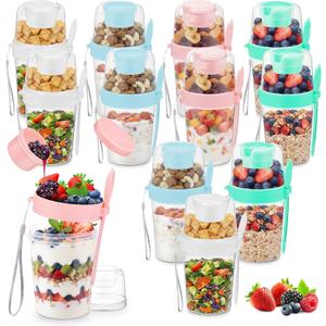 12 Pack 27oz Reusable Yogurt Parfait Cups with Lids and Spoons Overnight Oats Containers with Topping Compartment Cereal Parfait Cups Leakproof Containers for Yogurt Fruit Grain On-the-go
