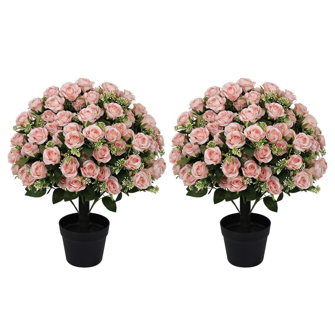 24" Artificial Potted Flowers, UV Resistant Faux Pink Roses for Outdoors