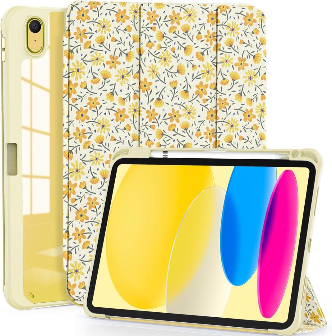OKP Case for iPad 11th Generation 11-inch (A16) 2025, for 10.9'' iPad 10th Gen 2022, Slim Lightweight i Pad 11/10 th Gen Cover with Trifold Stand, Auto Wake/Sleep, Clear PC Back Shell, Yellow Flowers