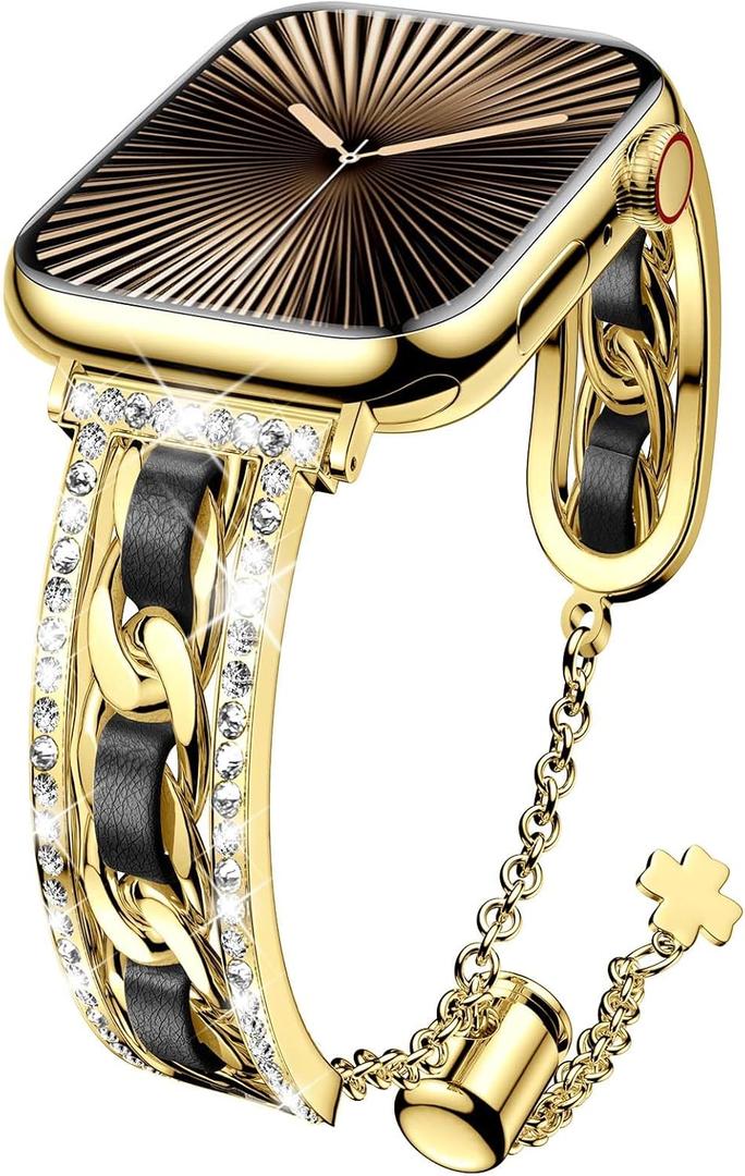 DABAOZA Compatible for Women Apple Watch Band, 41mm 40mm 38mm 46mm 45mm 44mm 42mm 49mm Bracelet Bangle Bling Rhinestone Metal Strap for iWatch SE Series 10 9 8 7 6 5 4 3 Ultra 2/1 (Gold/Black)