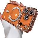 Changjia Magnetic Clear Glitter Case for iPhone 17 Pro Max,[Compatible with MagSafe] Cute Bling Sparkly Diamond Rhinestone with Camera Protector TPU Bumper Women Girl Case for iPhone 17 Pro Max,Orange