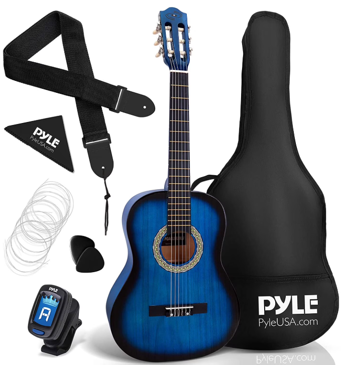 Pyle 36 Inch 6 String Classic Acoustic 3/4 Scale Guitar w/ Digital Tuner, Blue