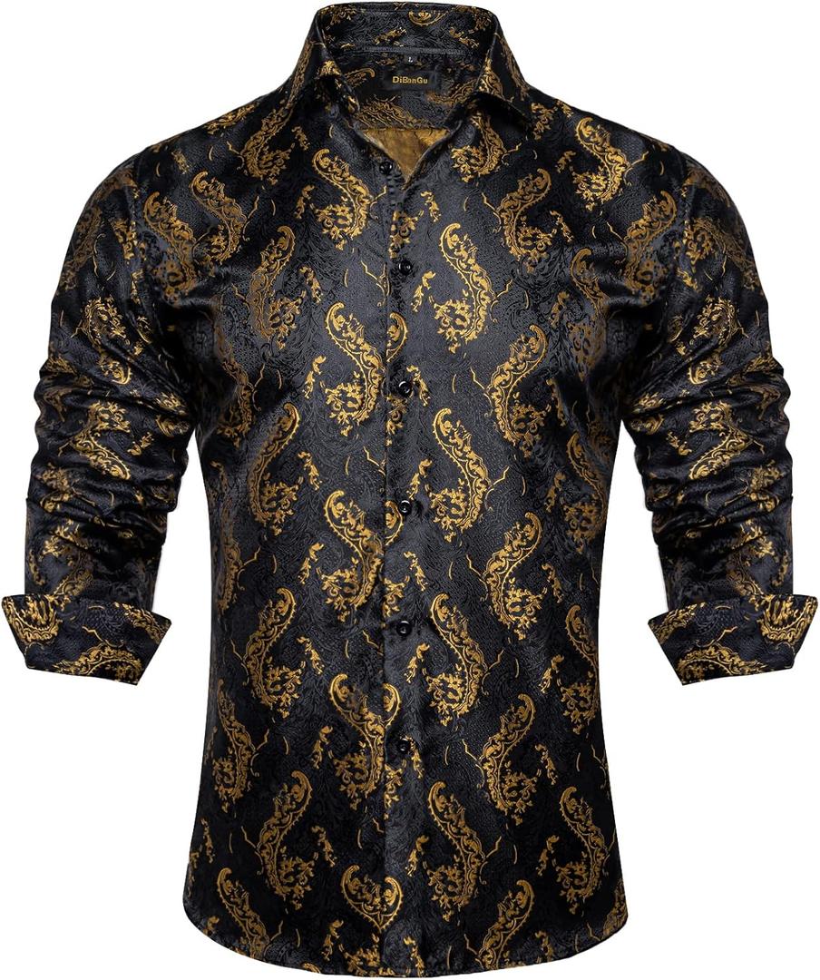 DiBanGu Men's Silk Paisley Dress Shirt Formal Long Sleeve Button-Down Casual Shirts for Wedding Party (X-Large, Black Gold)