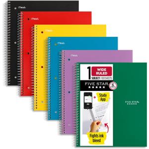 Five Star Spiral Notebook + Study App, 6 Pack, 1 Subject, Wide Ruled Paper, 8" x 10-1/2", 100 Sheets, Fights Ink Bleed, Water Resistant Cover, Assorted Colors (38042)