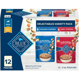 Blue Buffalo Delectables Natural Wet Dog Food Toppers Variety Pack, Tasty Chicken & Hearty Beef, Cuts in Gravy, 3-oz. (12 Pouches, 6 of Each Flavor)