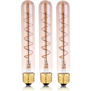 Dimmable 4W Tube LED Eison Bulb, T10 Vintage Long LED Bulb 40 Watt Equivalent Warm White 2700K, E26 Medium Base Amber Colored 7.3 Inch Long tubular edison bulb, 3 Pack