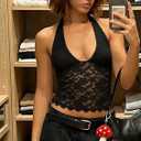 Women Sexy V Neck Lace Halter Top Backless Sheer Mesh Y2k Trendy Going Out Tops (M)