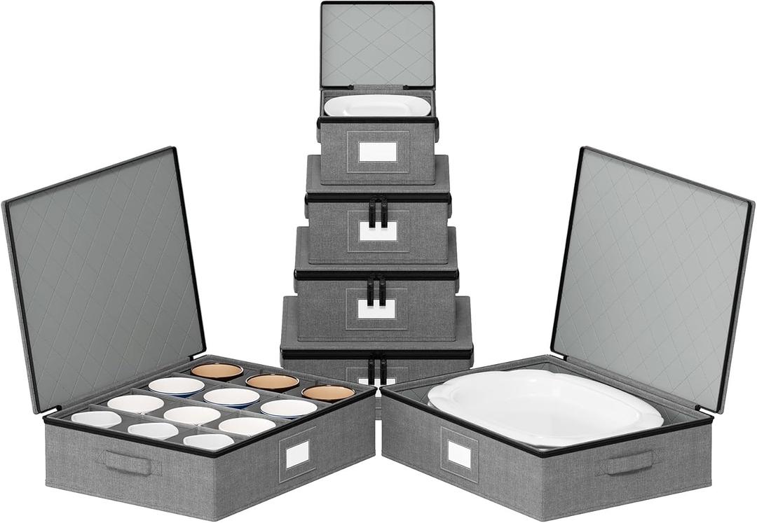SpaceAid China Storage Containers 6 Pack, Stackable Hard Shell Quilted Cases with Soft Plate Separators, Moving Supplies Packing Boxes for Dishes, Plates, Platters, Mugs, Cups (Grey)