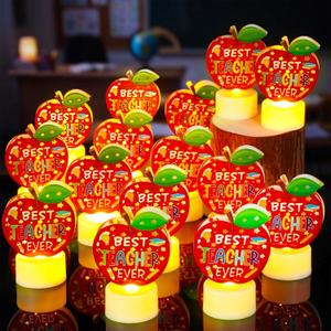 Handepo 15 Pcs Teachers Appreciation Tea Lights Gift Best Teacher Ever Flameless Candle Apple Shaped LED Battery Operated Office Table Decor for Thank You Teachers Women Men Tutor Back to School