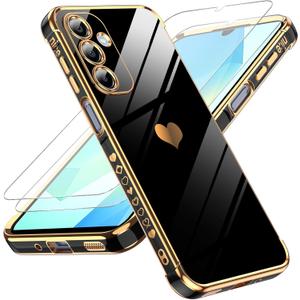LeYi for Samsung Galaxy A16-5G Case: with Tempered Glass Screen Protector [2 Pcs]+ Full Camera Lens Protection,Love Heart Plating Cute Luxury Shockproof Case for Galaxy A16, Black