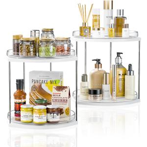 2 Pack 2 Tier Lazy Susan Turntable Organizer  9.05 Rotating Spice Rack Organizer for Cabinet, Pantry, Tabletop & Counter  Clear Acrylic Lazy Susan for Kitchen, Bathroom & Vanity (Large, White)