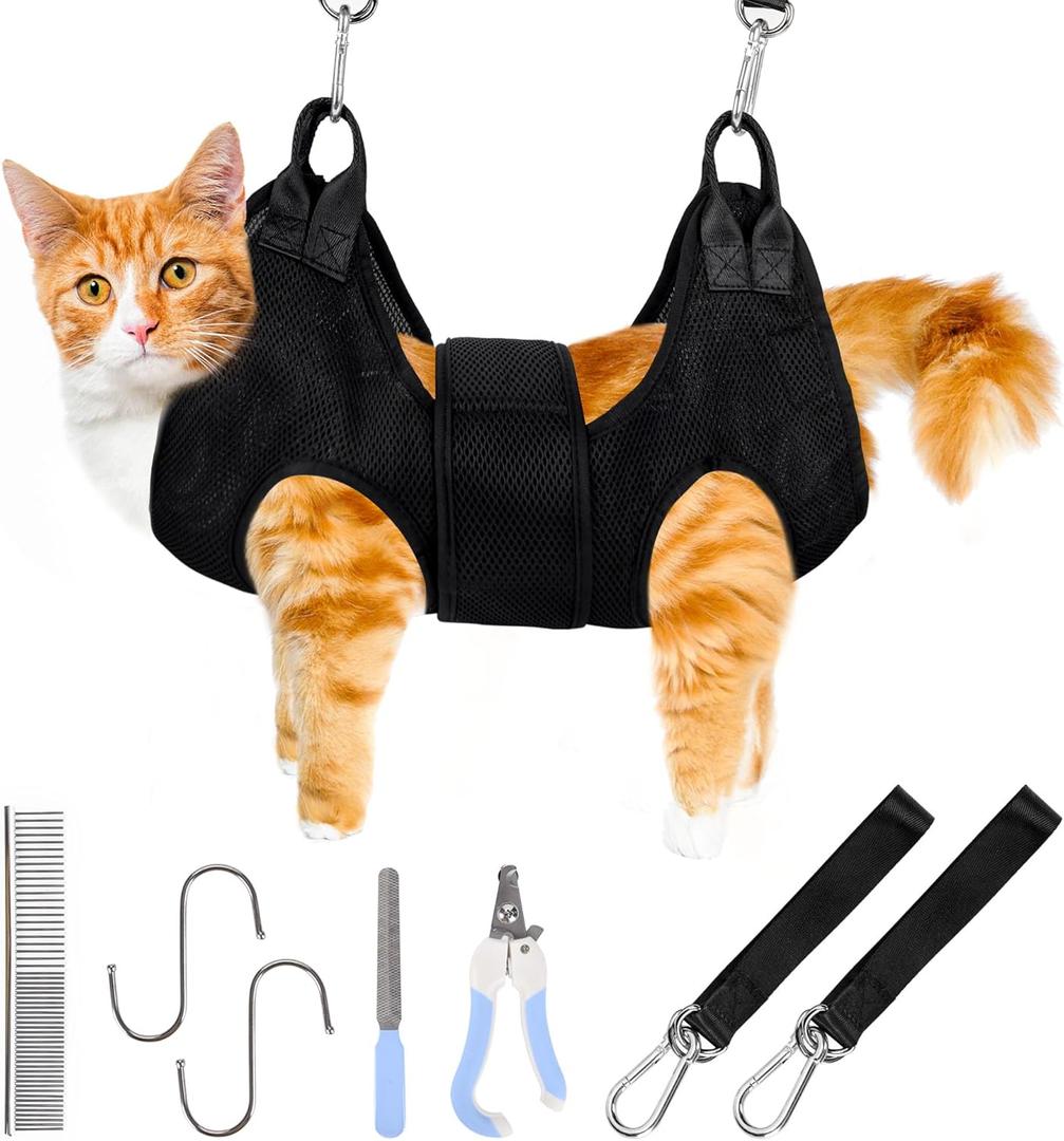 PatiencET Cat Grooming Hammock Pet Hammock Cat Nail Clipper Hammock for Nail Trimming Dog Sling for Nail Clipping Dog Hanging Harness (Black XS) (XS (12 LB Max))